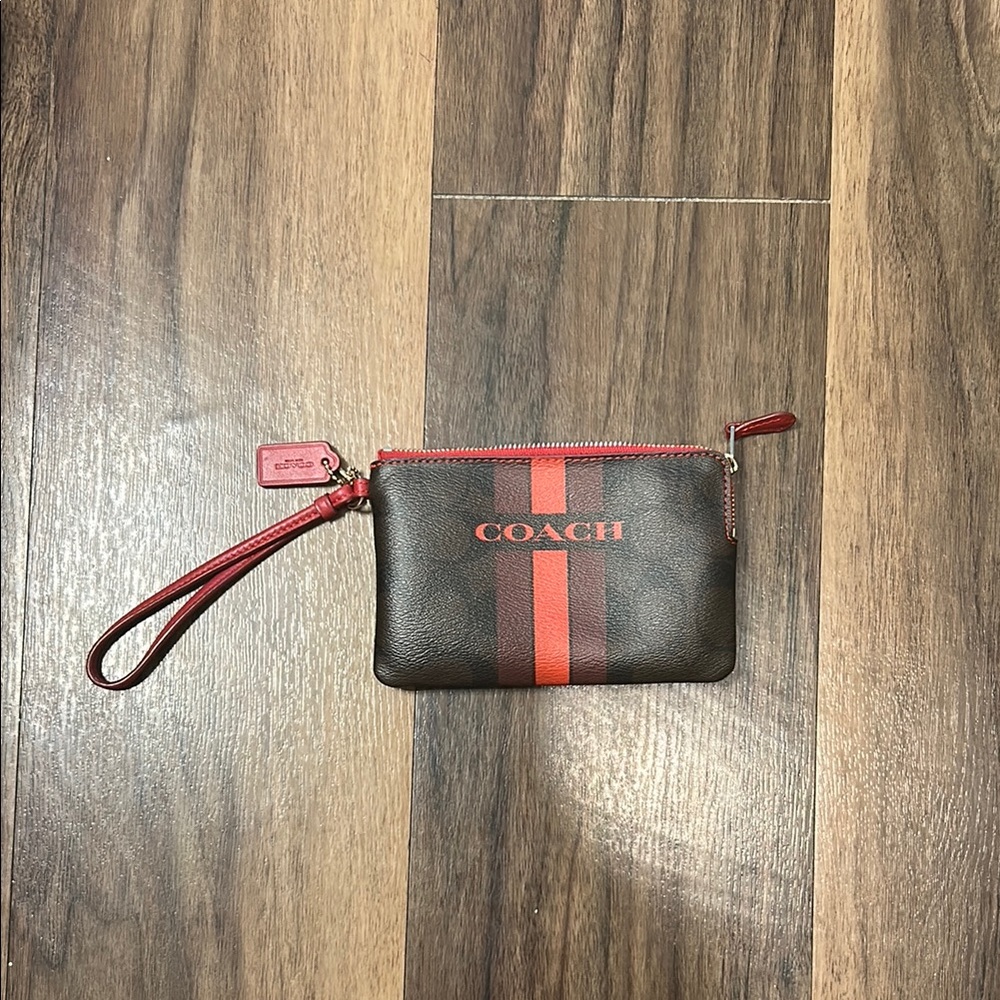 Coach Brown Wristlet with Red Stripes